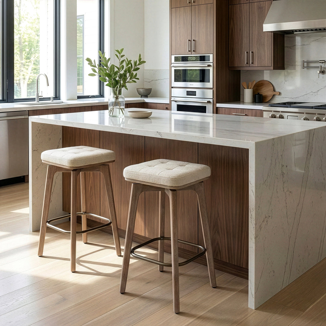 Set of 2 Beckham Beige Woven Fabric Backless Counter Stool with Natural Wood Legs