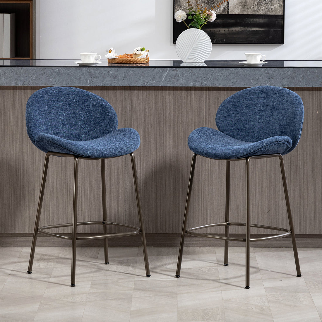 Set of 2 Benedetta Blue Linen Upholstered Fabric Counter Stool with Black Iron Legs