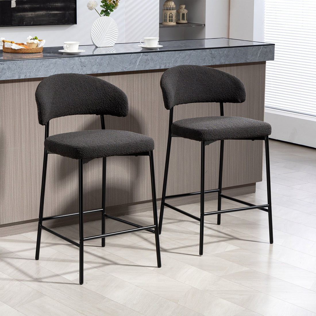 Set of 2 Bennett Black Boucle Upholstered Fabric Counter Stool with Black Iron Legs