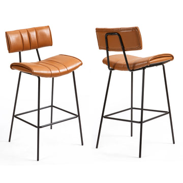 Set of 2 Belita Brown Faux Leather Counter Stool with Black Metal Legs