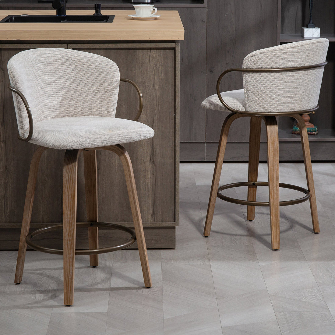 Set of 2 Bette Beige Washed Woven Fabric Swivel Counter Stool with Wood Legs and Copper Iron Arms