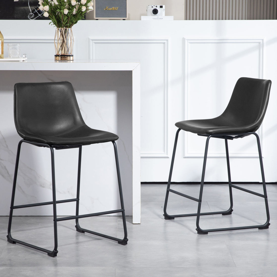 Set of 2 Adan Iron Frame Black Faux Leather Counter Stool