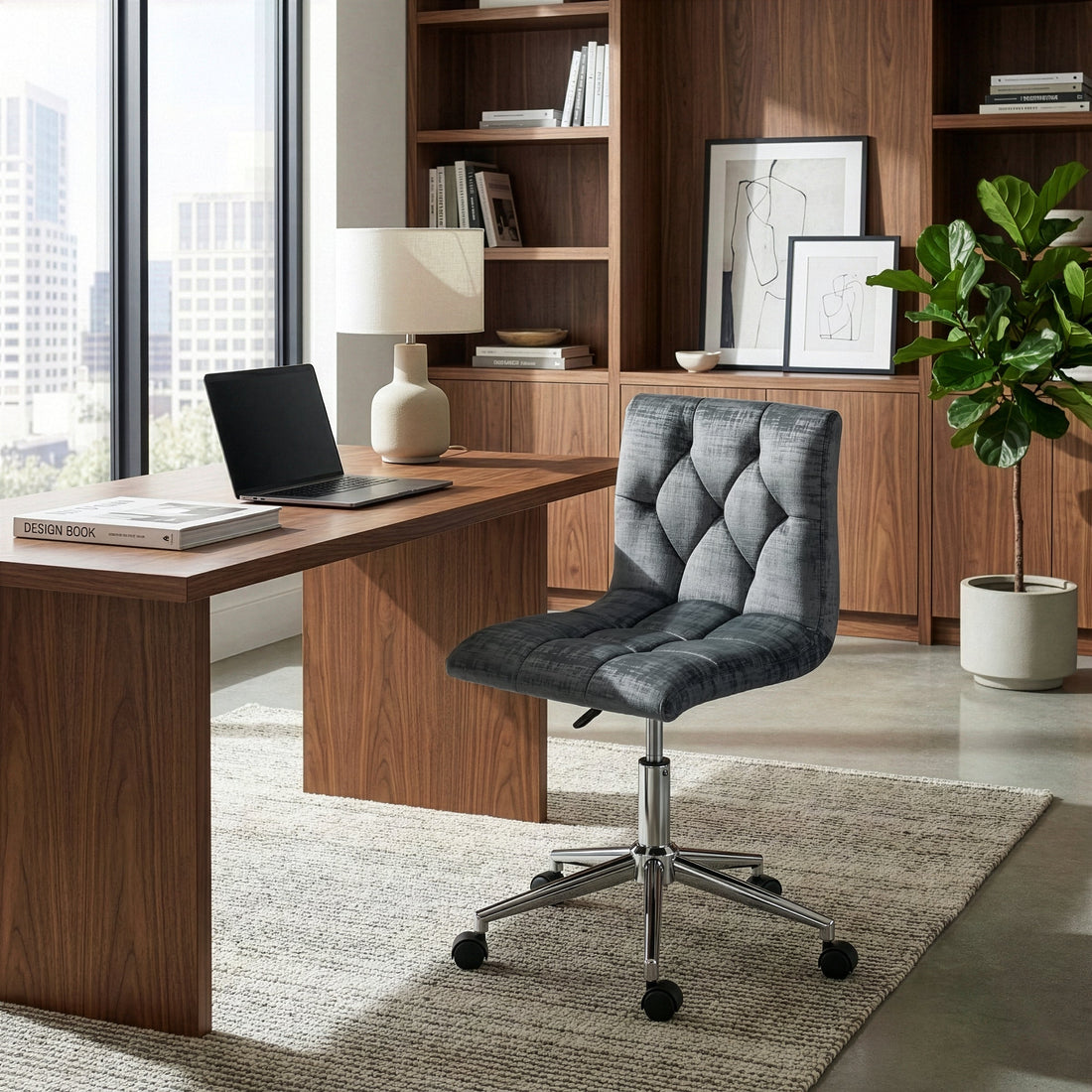 Amali Grey Velvet Upholstered Adjustable Height Swivel Office Chair with Wheel Base