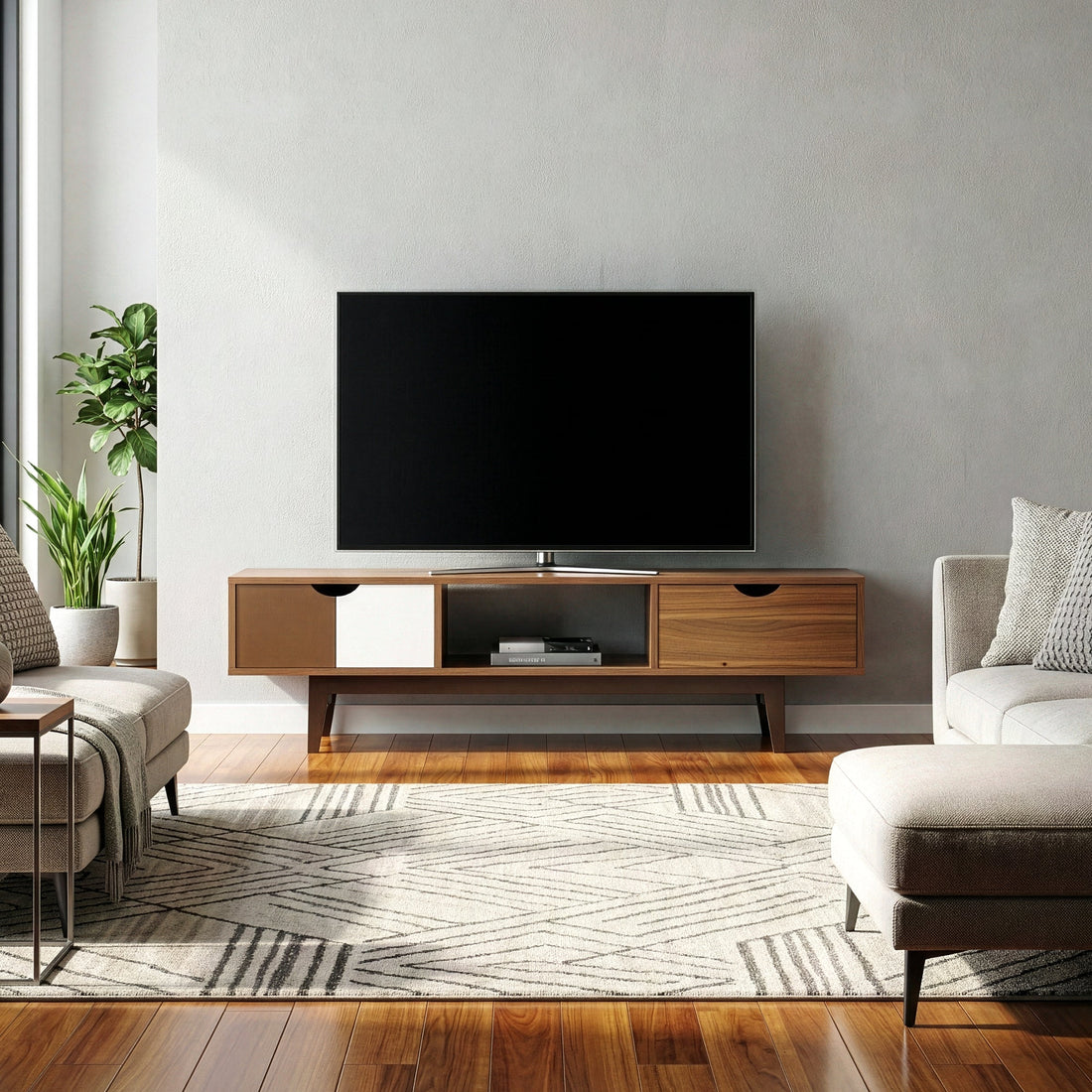 Alvin Scandinavian Style Walnut Finish TV Stand with Contrasting Drawers