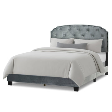 Arin Silver Gray Velvet Queen Bed with Button Tufting and Black Nail Head Trim