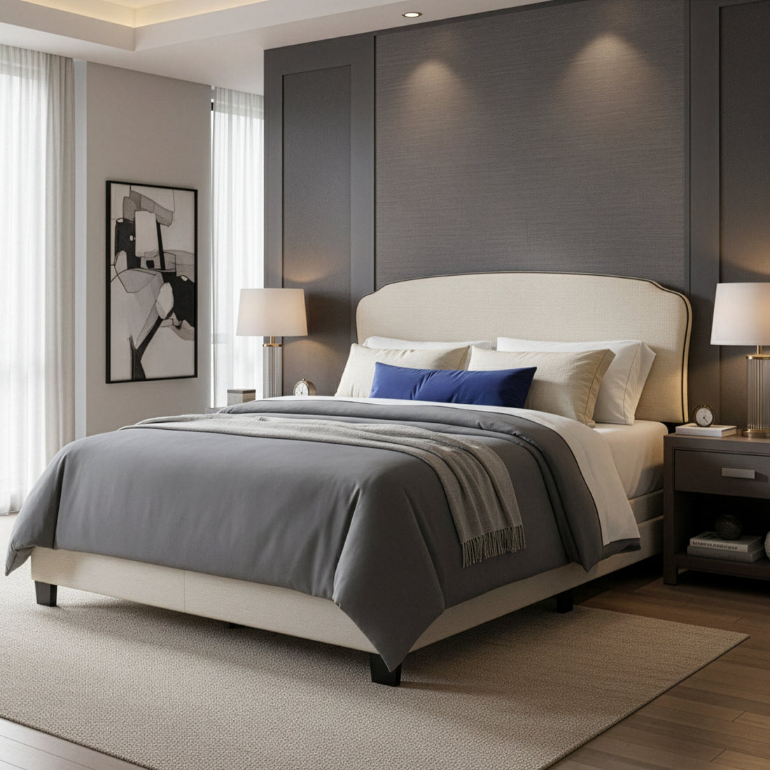 Aric Beige Fabric Queen Bed with Contrasting Piping Accent