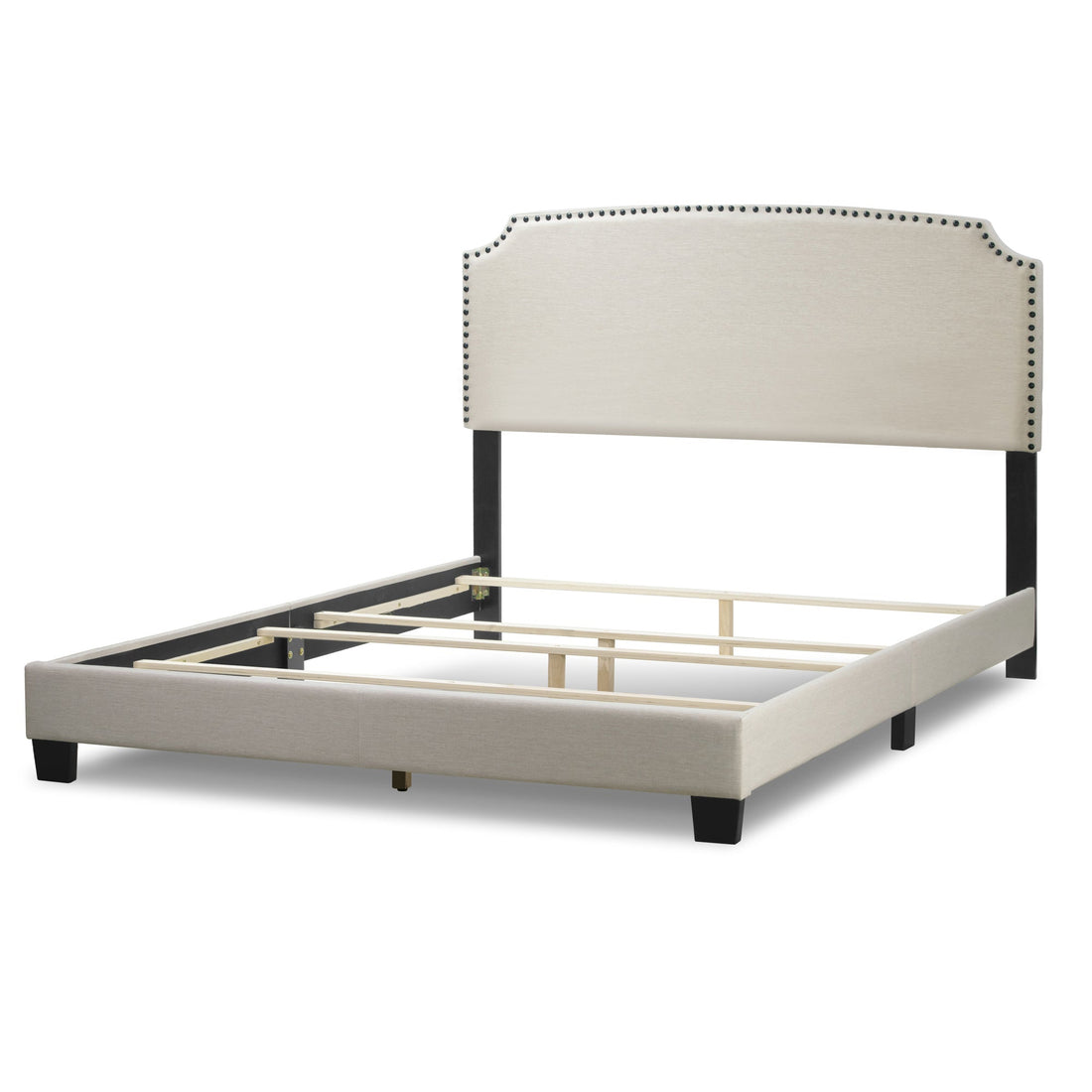 Arezo Beige Fabric Queen Bed with Black Nail Head Trim
