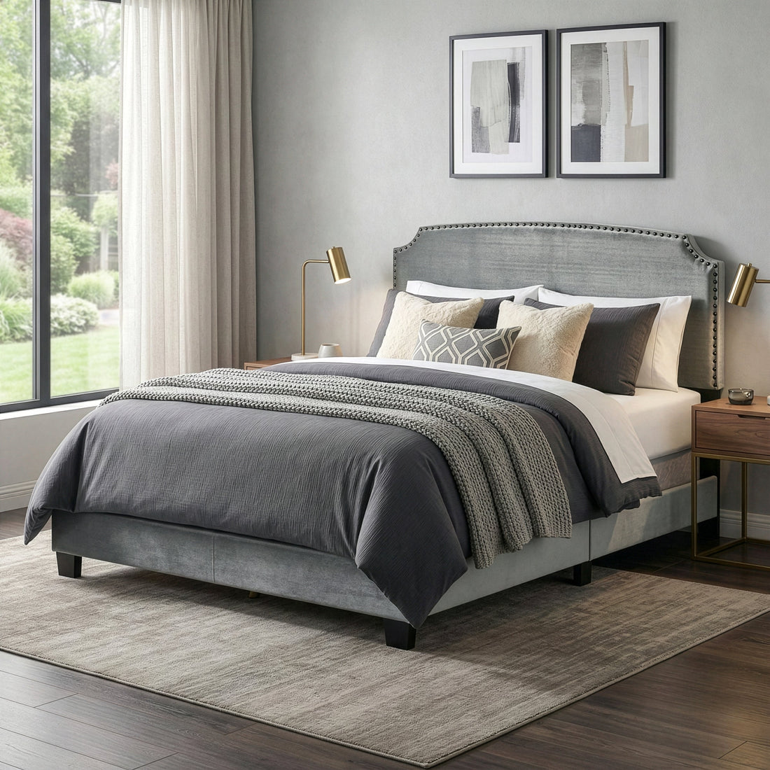 Arezo Silver Gray Velvet Queen Bed with Black Nail Head Trim