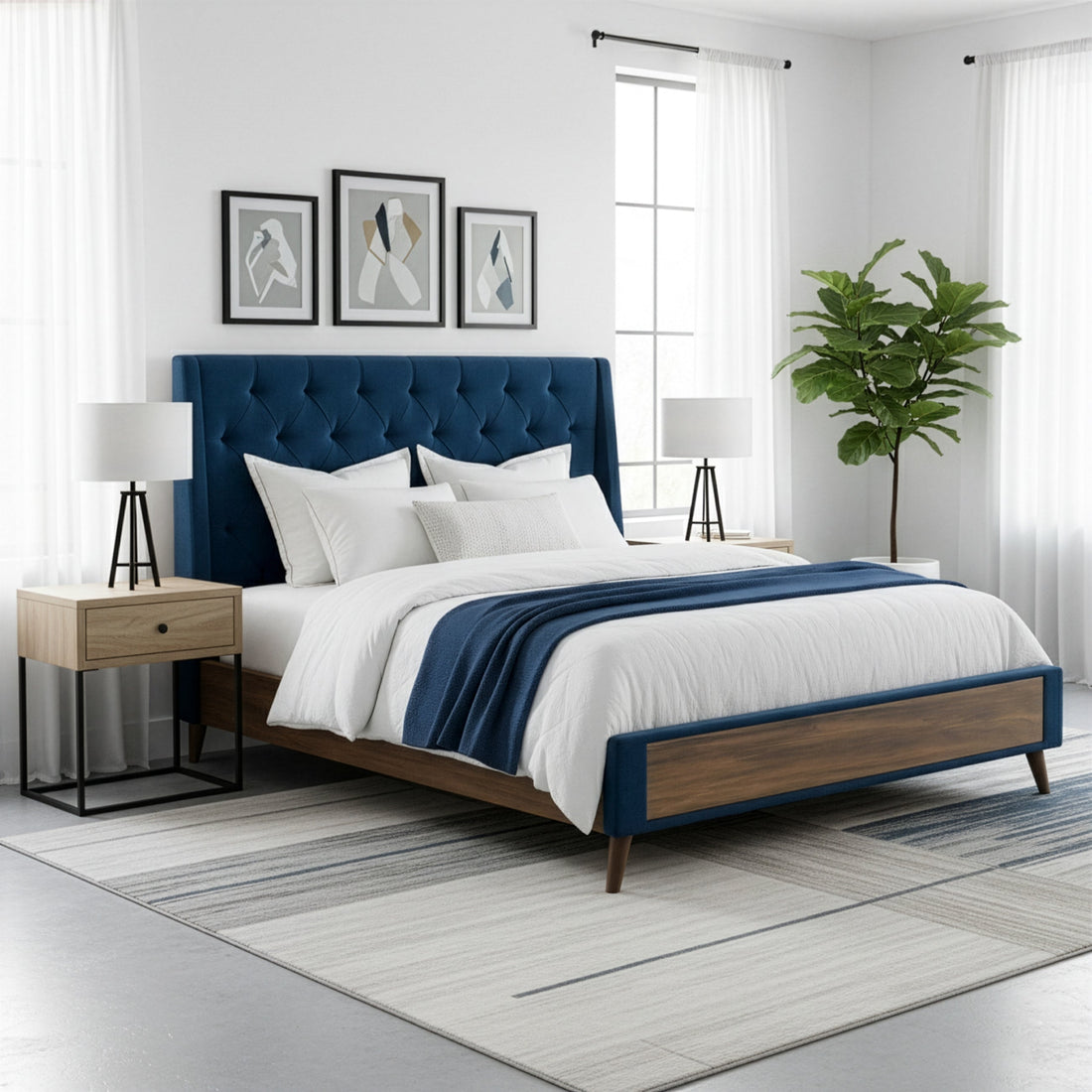 Arlo Navy Blue Velvet King Bed with Wings and Button Tufting