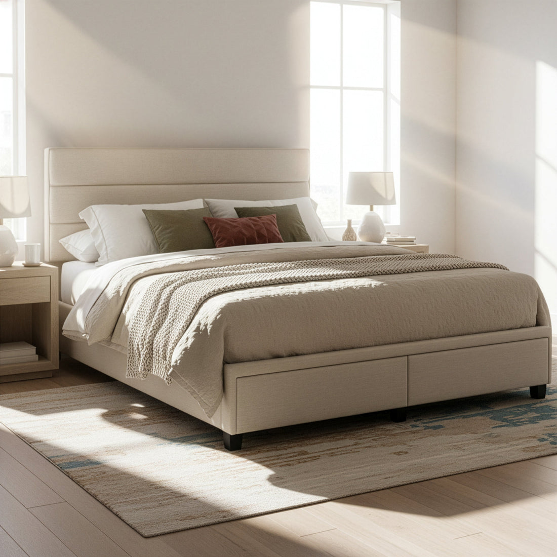 Arnia Beige Fabric Queen Bed Captain’s Bed with Two Storage Drawers