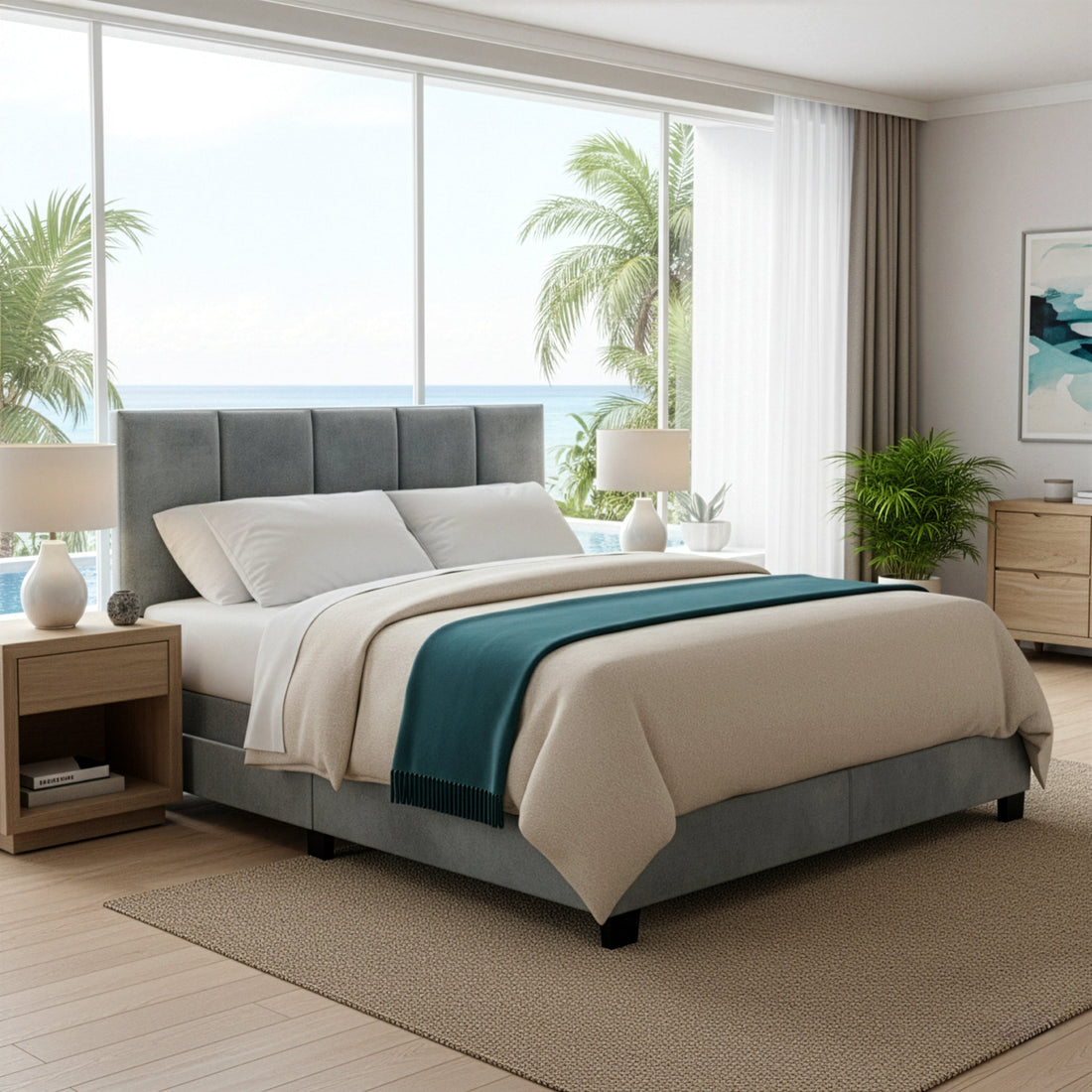 Arty Silver Gray Velvet Queen Bed with Line Stitch Tufting