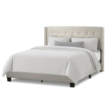 Asali Beige Fabric Queen Bed with Button Tufting and Nail Headed Wings