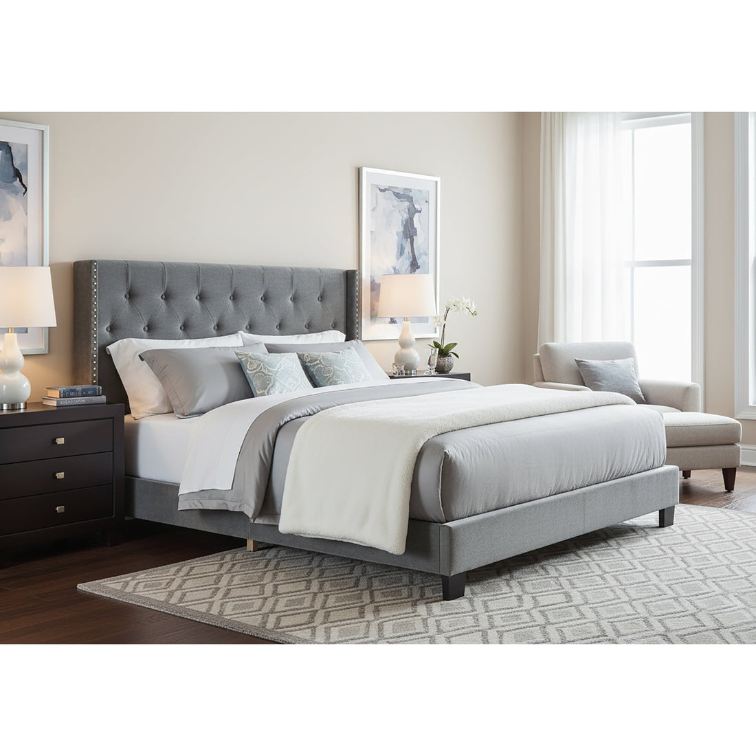 Asali Silver Gray Velvet King Bed with Button Tufting and Nail Headed Wings