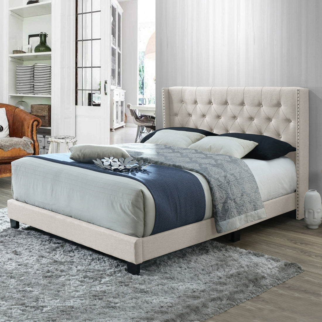 Asali Beige Fabric King Bed with Button Tufting and Nail Headed Wings