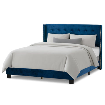 Asali Navy Blue Velvet King Bed with Button Tufting and Nail Headed Wings