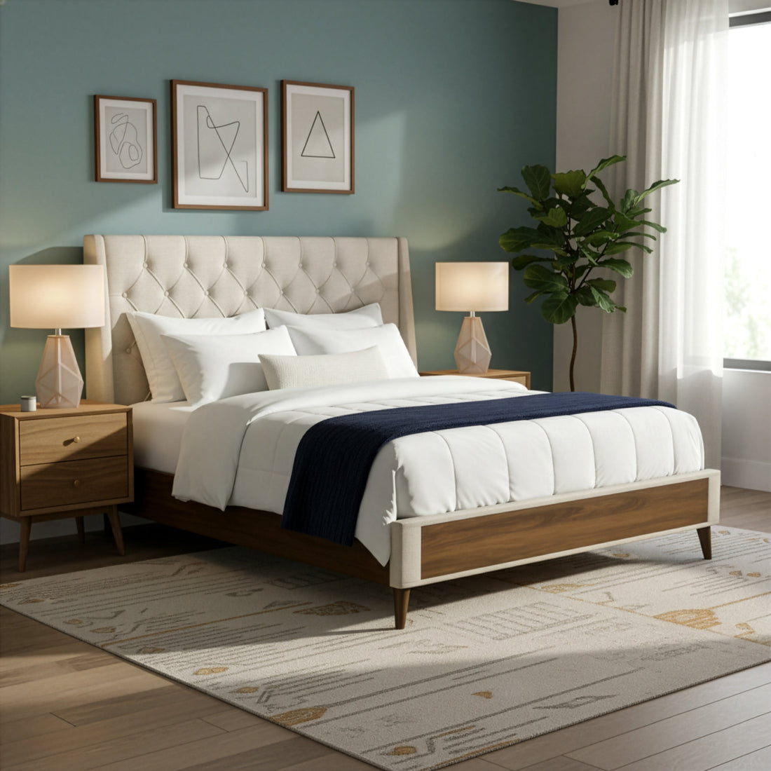 Arlo Beige Fabric King Bed with Wings and Button Tufting