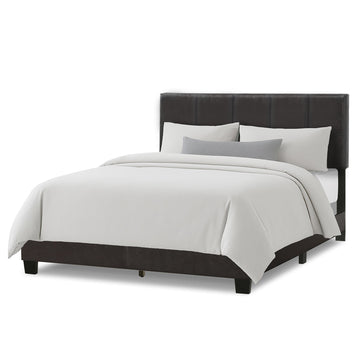 Arty Black Brown Faux Leather King Bed with Line Stitch Tufting