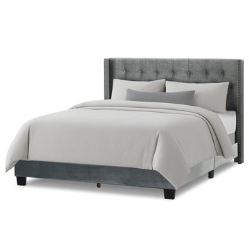 Asali Silver Gray Velvet King Bed with Button Tufting and Nail Headed Wings