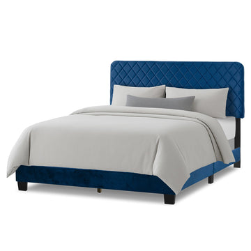 Aurum Navy Blue Velvety Fabric Queen Bed with Decorative Stitching