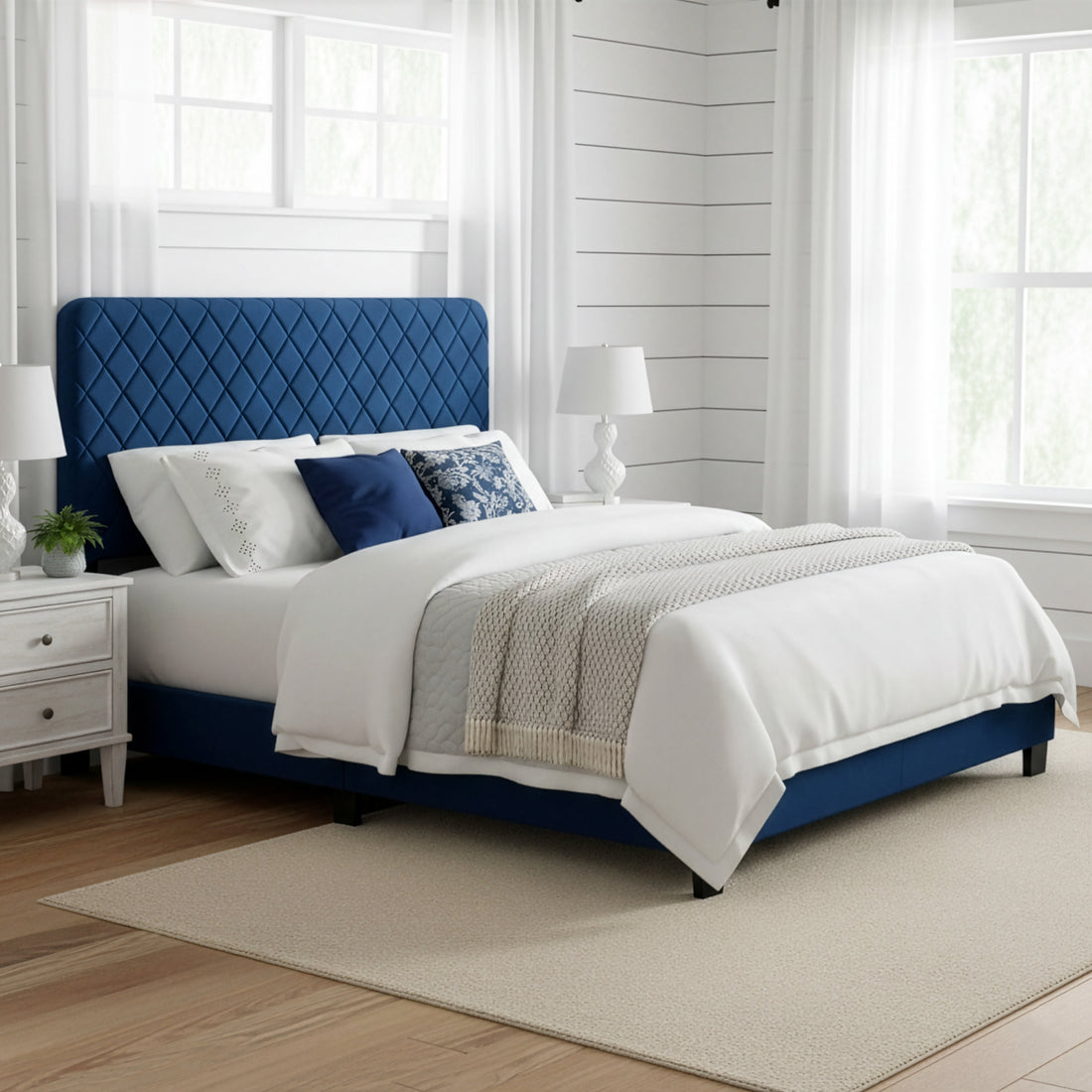 Aurum Navy Blue Velvety Fabric Queen Bed with Decorative Stitching
