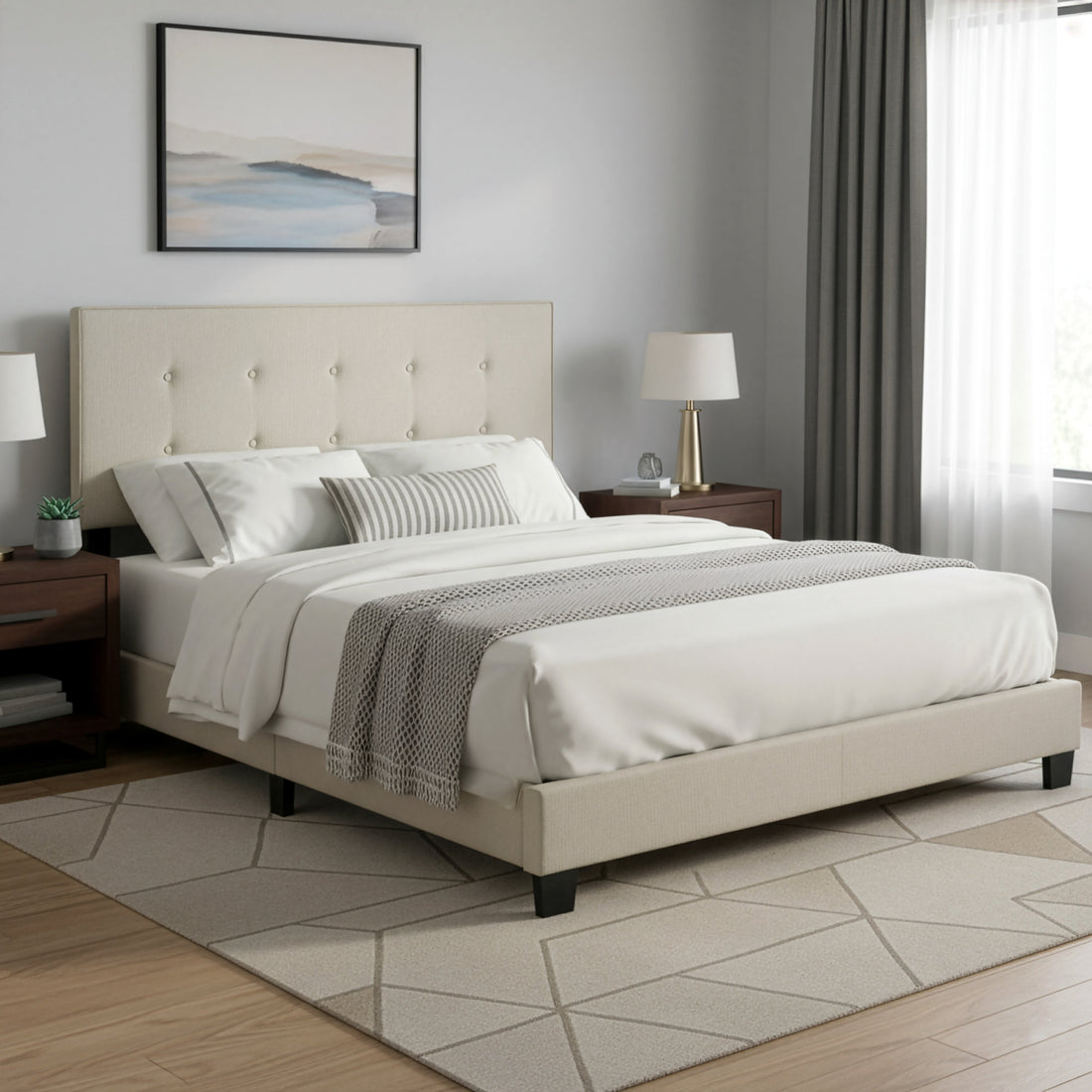 Auryon Beige Fabric Queen Bed with Button Tufting