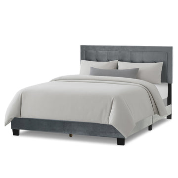 Austin Silver Gray Velvety Fabric Queen Bed with Button Tufting and Stitching